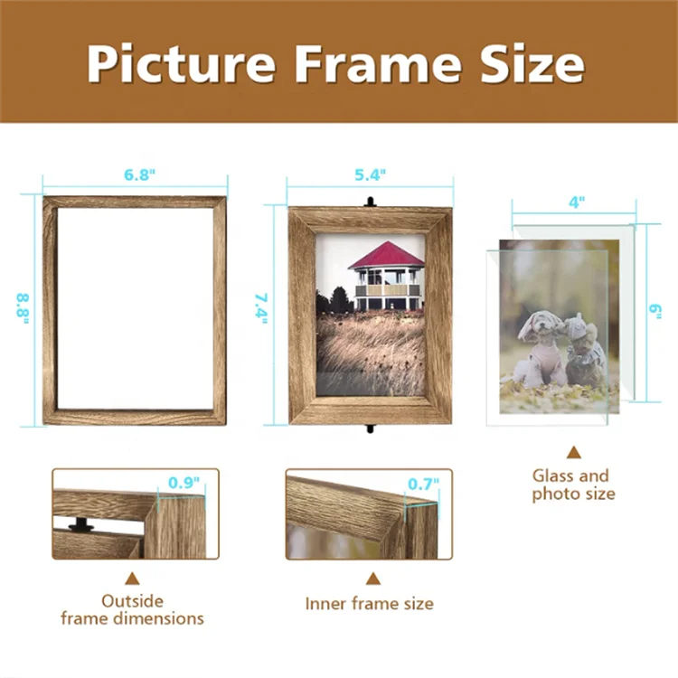 Rustic 4x6 double-sided display rotatable hinged folding triple picture wood creative frame photo for home tabletop