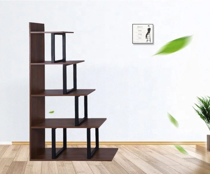 Modern Simplism Style Library L-shaped Bamboo Bookshelf Hard Wood Display Rack Storage 5-shelf Ladder Corner Bookshelf
