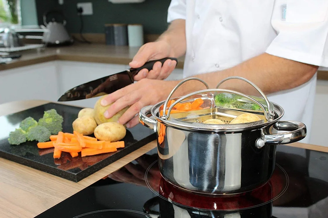 England Style Kitchen Baskets 18cm Stainless Steel Vegetable Steamer Basket Triple Divider and Separator Set