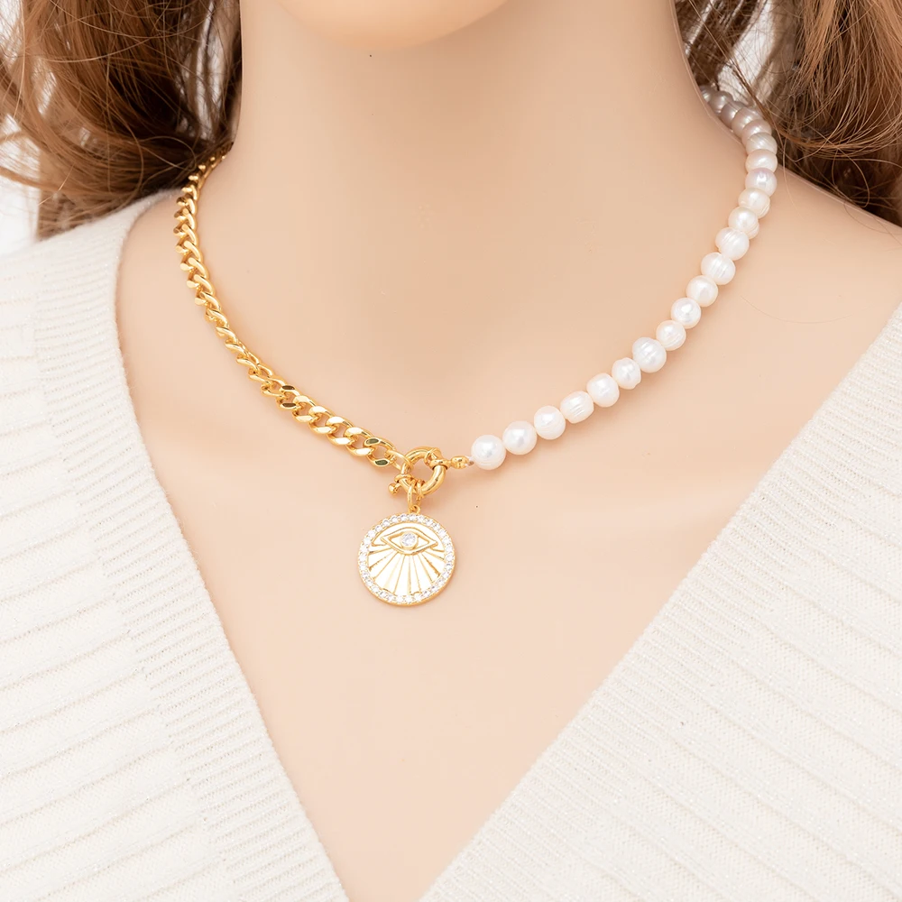 Wholesale fashion bijoux boutique natural pearls cuban chain 18k gold evil and eye pendent necklace for women jewelry
