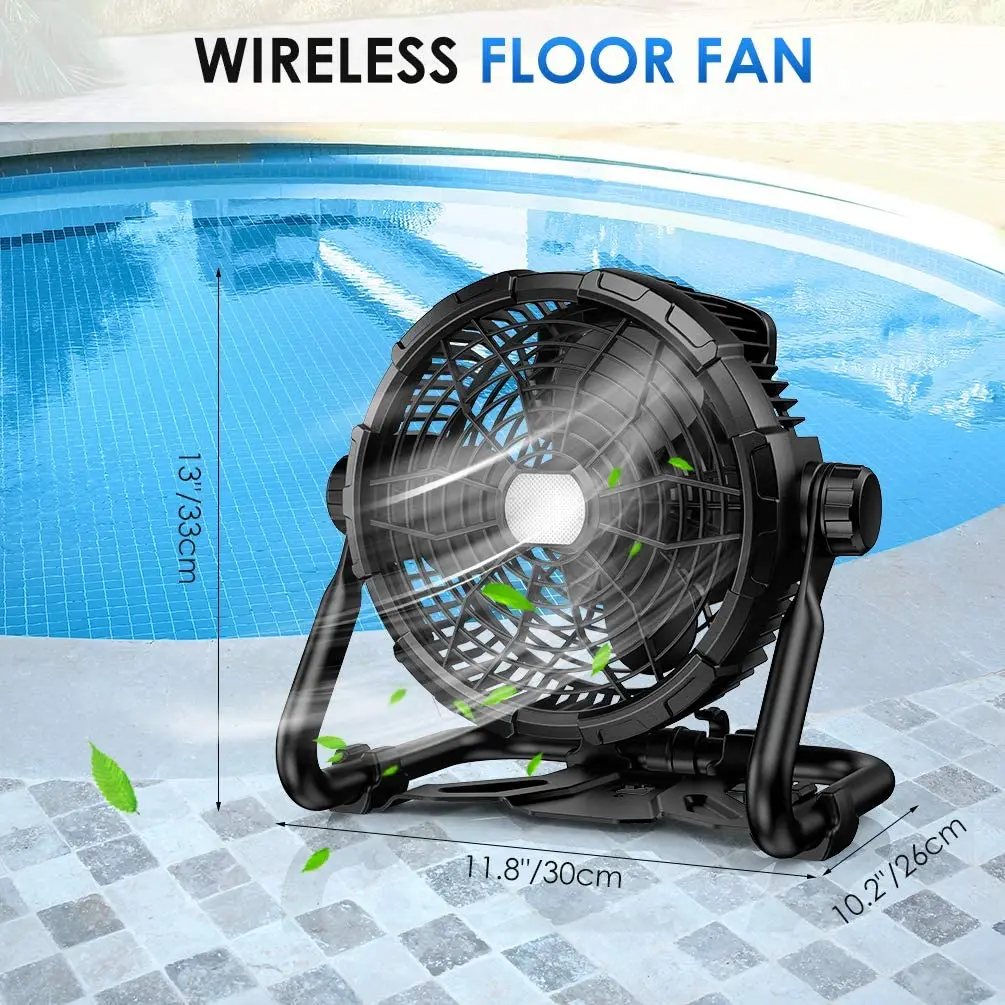 Outdoor Floor Fan with Light 14400mAh 12-Inch Large Battery Operated Powered Fan Portable Rechargeable Fan