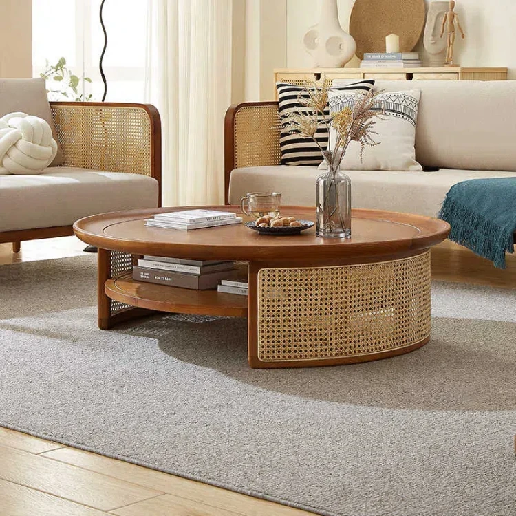 Japanese-style solid wood rattan tea table round home simple small apartment living room coffee table