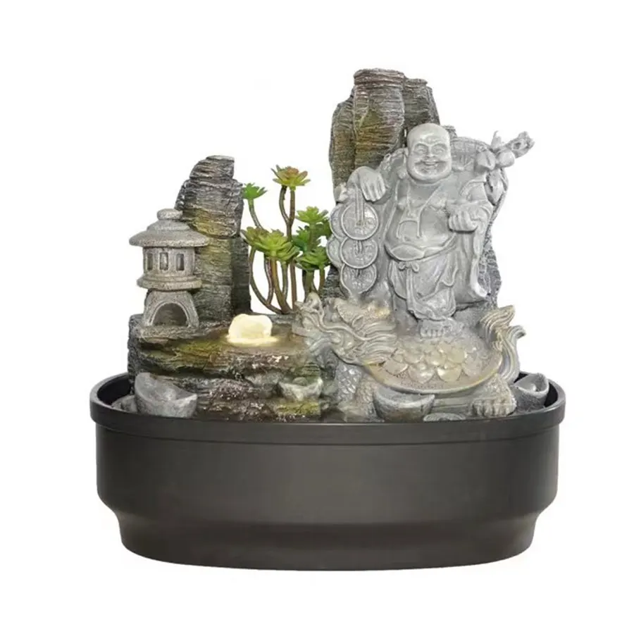 Customized Office Home Decoration Resin Home Feng Shui Maitreya Buddha Water Fountains Feature with sand Rocks lake