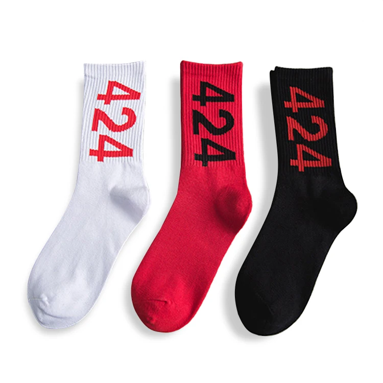No Minimum Order Wholesale Custom Embroidery LOGO Cotton Long Mixed Color Unisex Men Drawstring Letter Black White Sport Socks