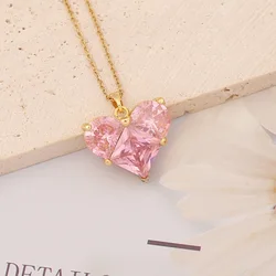 Hot sale gold plated  crystal flower pendant necklace stainless steel pink diamond pendant necklace for women