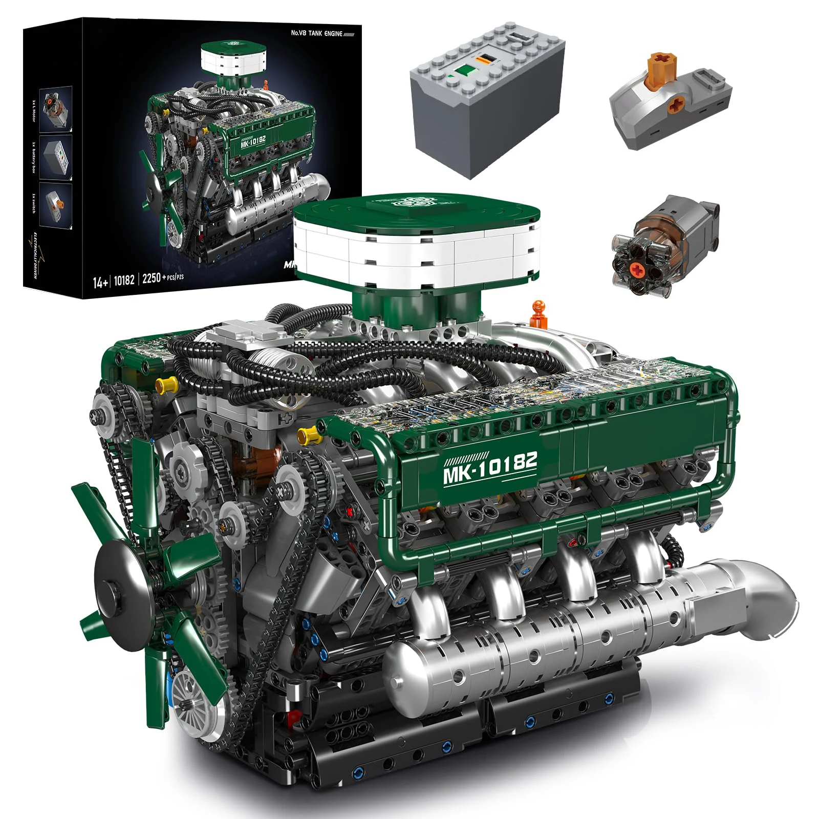 High-Tech Electrically 10182 V8 Tank Engine Model Motor Drive Racing Car Building Block Brick Children MOC Toys Gifts