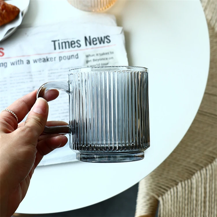 Simple Classical Vertical Striped Glass Reusable Coffee Cup Mug with Handle