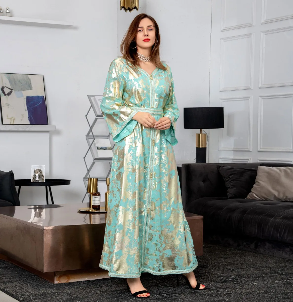 Latest Dubai High Expensive Islamic Clothing Muslim Women Chiffon Kaftan Abaya Turkey Maroccan Dress With Gilding  Gold Blocking