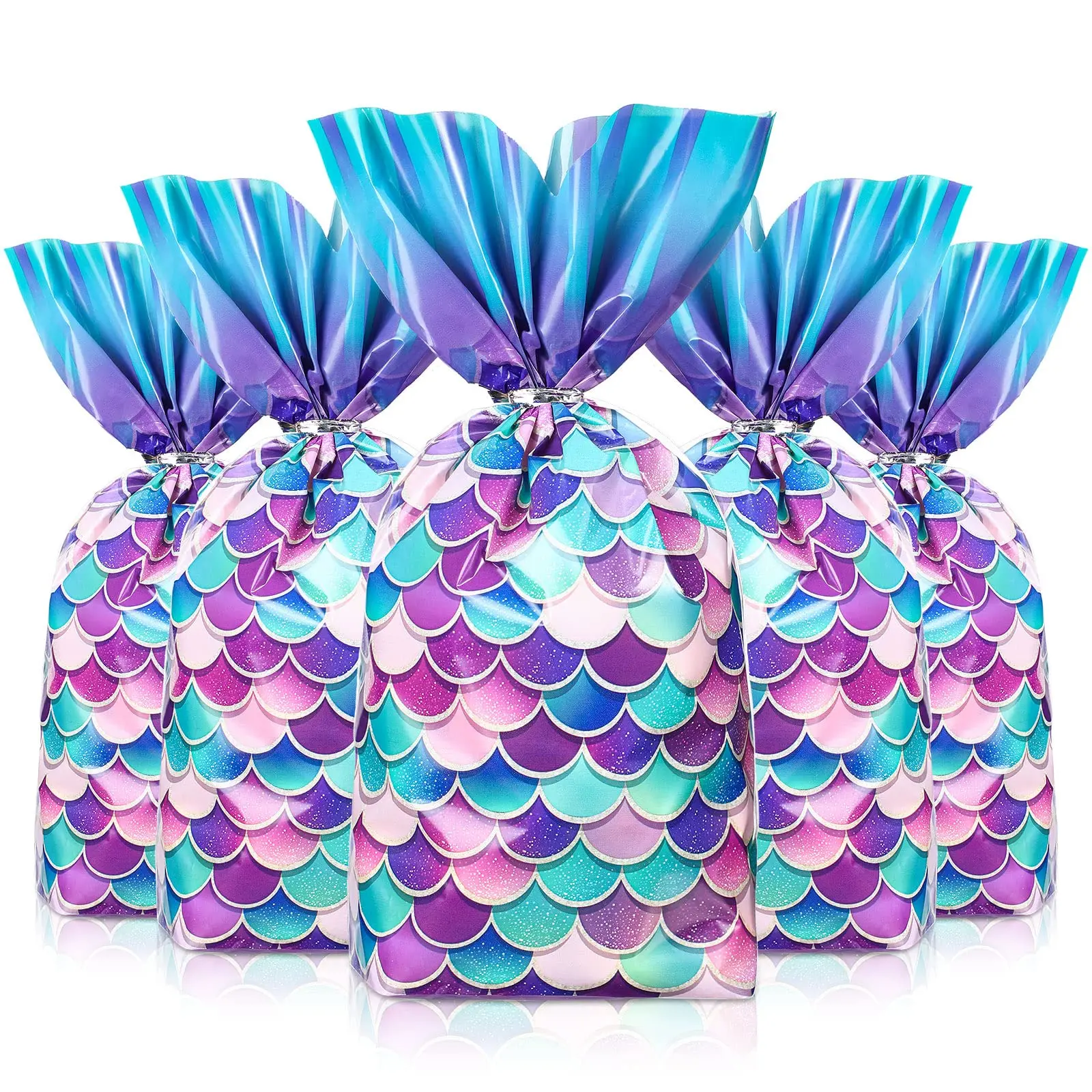 Birthday Girls Mermaid Party Favors Goodie Candy Bags Wide Bottom Cellophane Treat Bags with Silver Twist Ties
