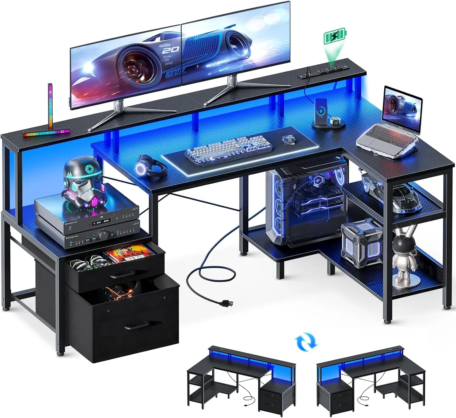 57 Inch L Shaped Gaming Computer Desk with USB Charging Ports & Power Outlets,  Study Table with LED Lighting, Carbon Black
