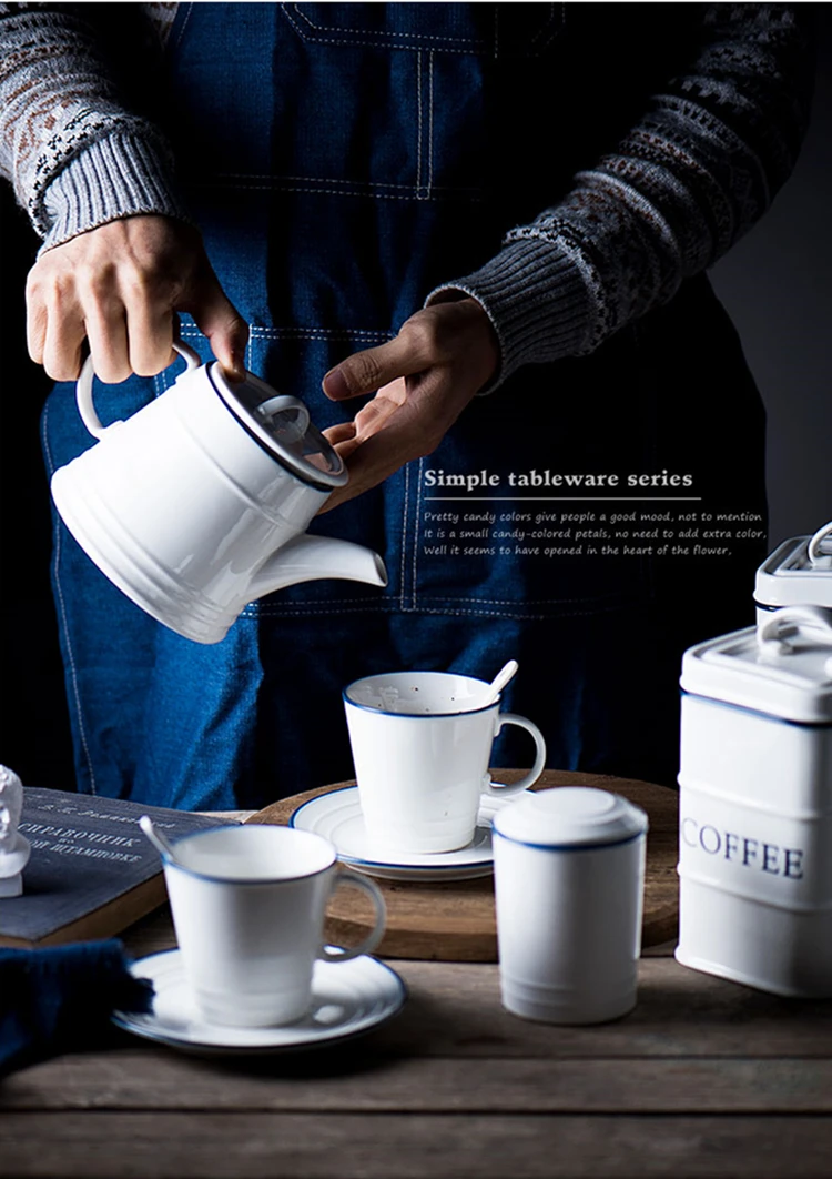 Classic enamel design American pastoral style grace blue line hand painted ceramic tea set white coffee set porcelain