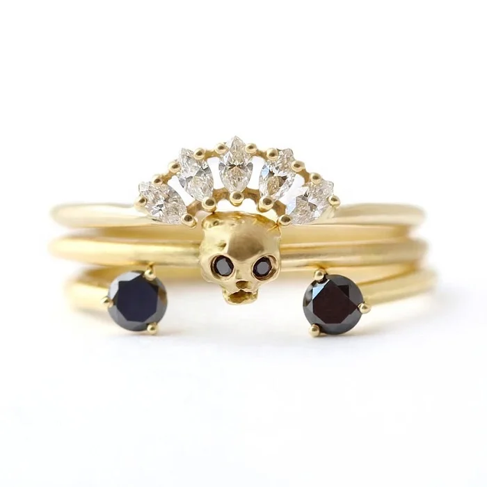 Fashion cute ring set zircon three pcs gold plated 925 sterling silver skull ring