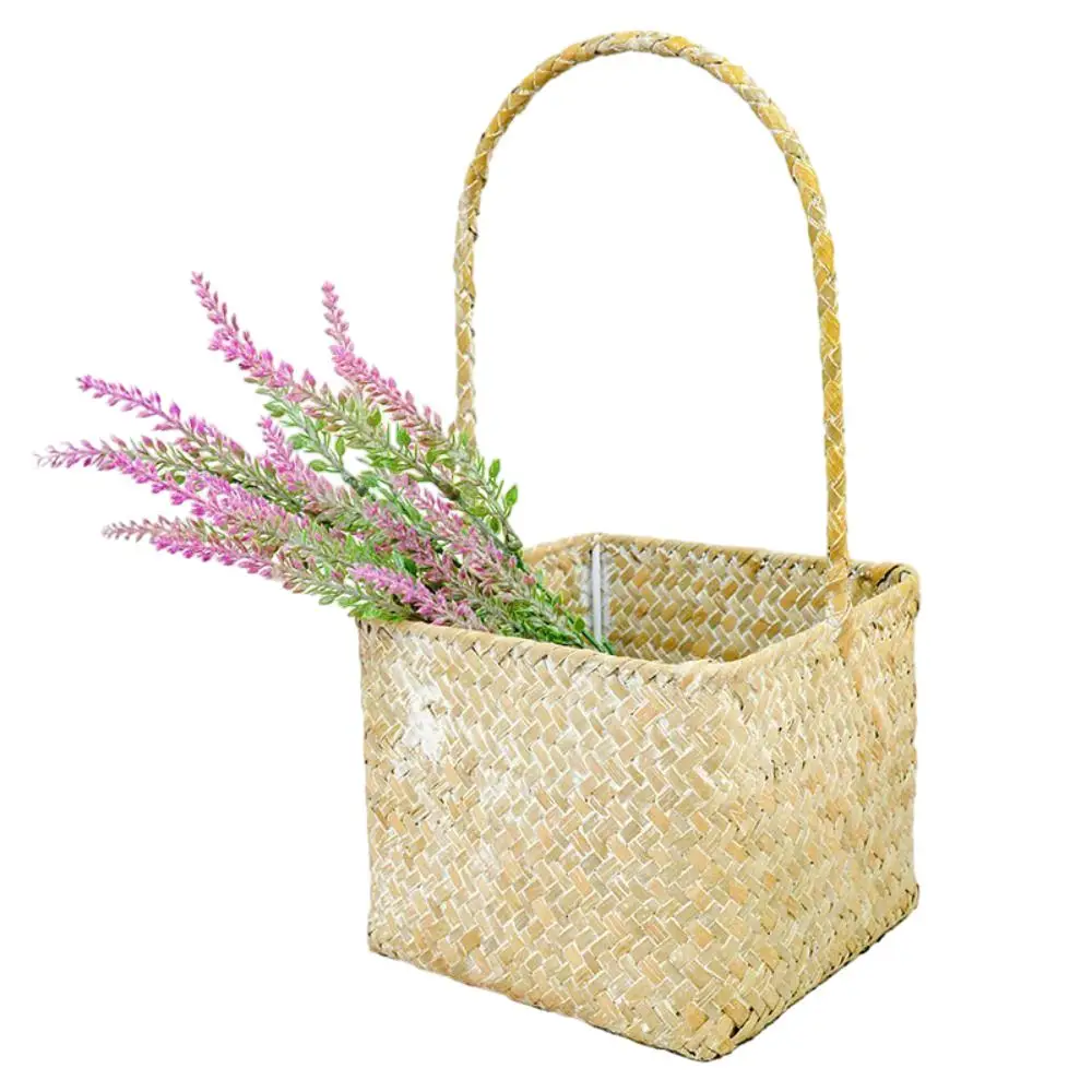 NISEVEN Creative Design Portable Picnic Basket Handmade Flower Basket with Handle Wicker Woven Storage Basket