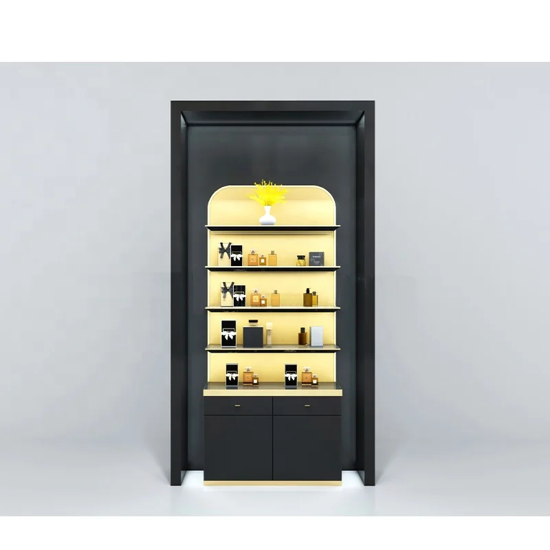 Luxury Led Light Wooden Cosmetic Perfume Bottle Display Stand Racks Shelf Furniture Perfume Display Cabinet