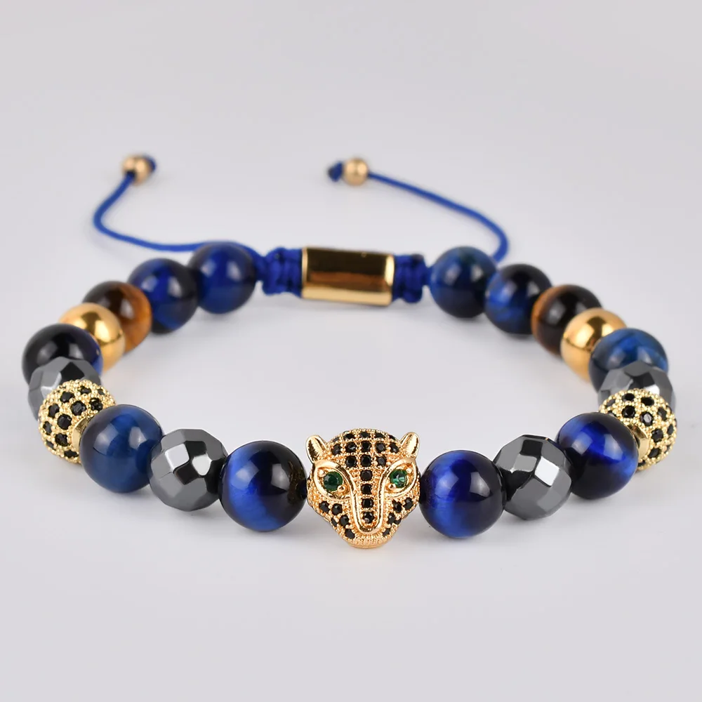 Оптовая продажа F315 CZ Mirco Pave Crown Charm Blue Tiger eye Stone Beads ручная работа мужские и женские пары макраме браслет