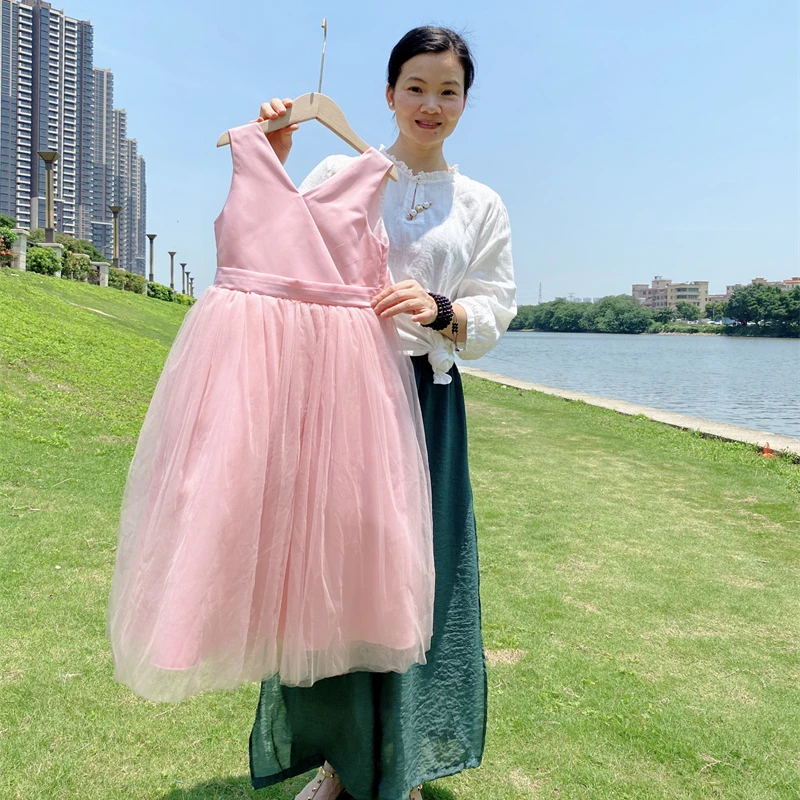 new European and American hot-selling holiday pink long girl dress Christmas