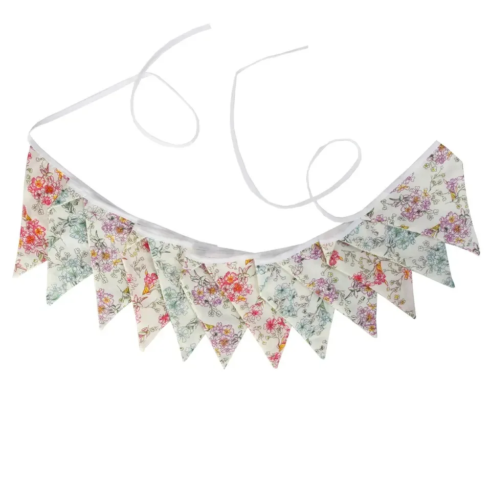 Vintage Floral 12-Piece Cotton Flag Bunting Garland Graduation Halloween Party Rustic Floral Birthday Holiday Decoration Banner