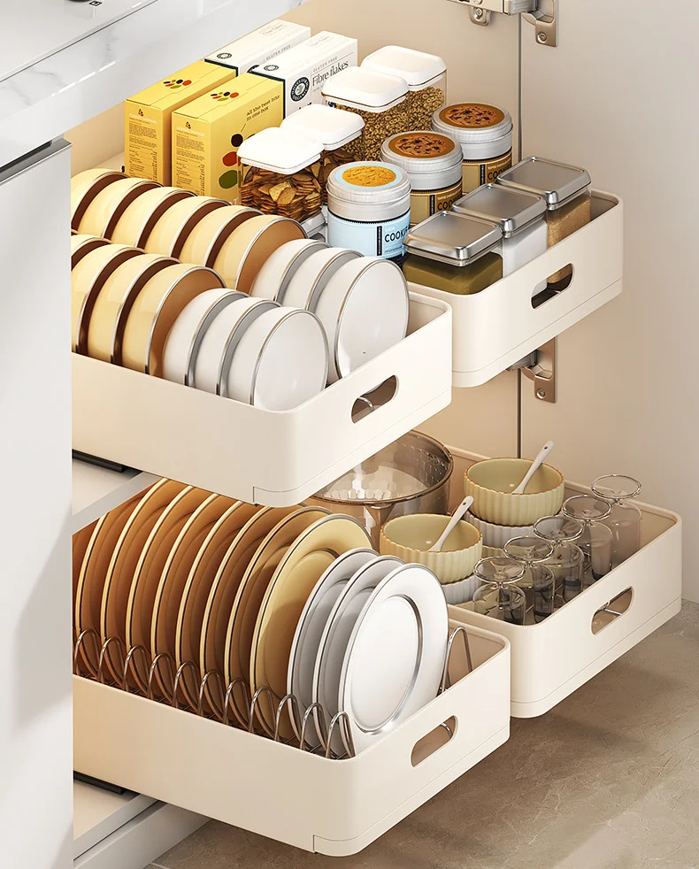 Stainless Steel Kitchen Dish Storage Rack Cabinet under sink Pull-Out Basket Drawer Tray Spice Rack Cabinet Dishes Organizer