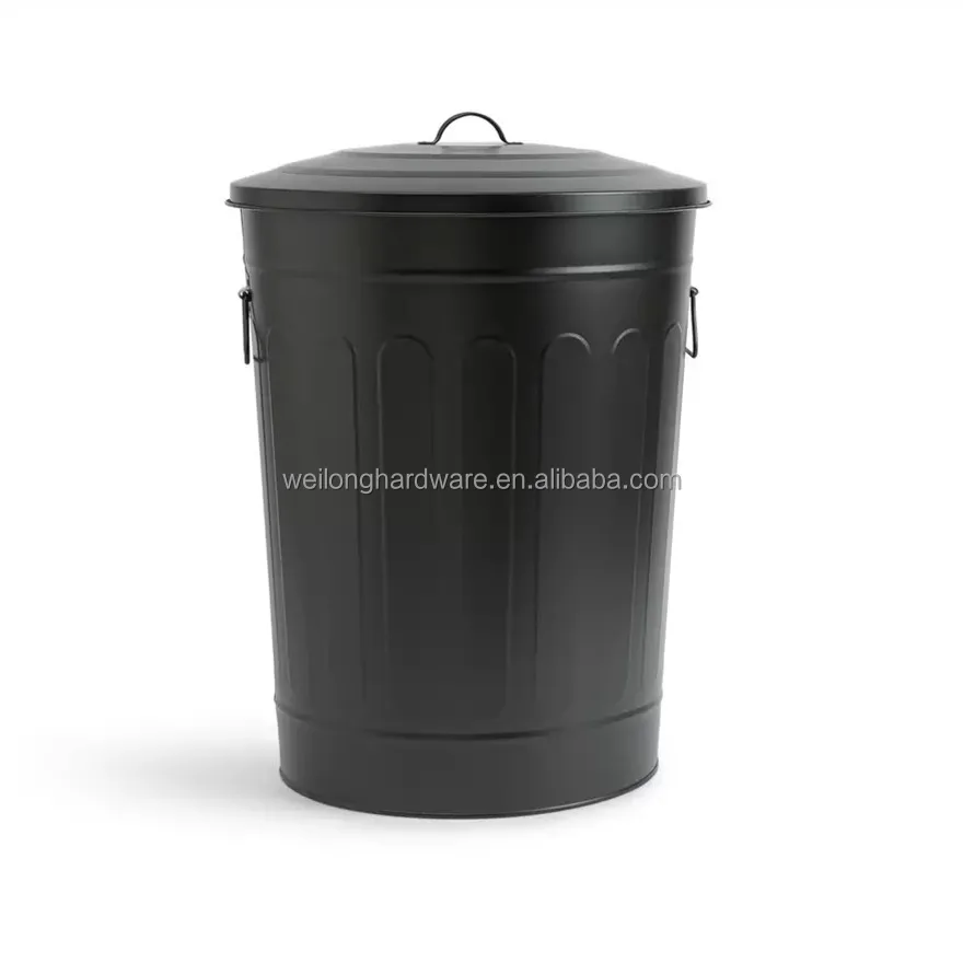Home Large Metal Galvanized Garbage Bin Black Trash Can Dust Bin Outdoor Waste Bin Garbage Can