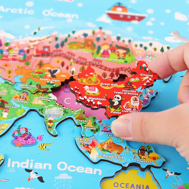2024 Best Selling Wood 3D Megnet World Map Puzzle Early Educational Geography Cognition Toys For Children Kids Gifts Boys Girls
