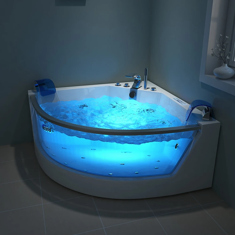 Surfing Design Freestanding Corner Air Jet Bubble Acrylic Corner Bathtub Hydro Soaking Tub Spa Massage Glass Whirlpool Bathtub