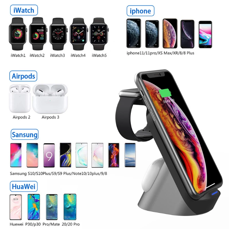  High Quality Desktop Vertical Mobile Phone Stand Multifunctional 3 In 1 Wireless Charger 15W Fast Charging For Apple