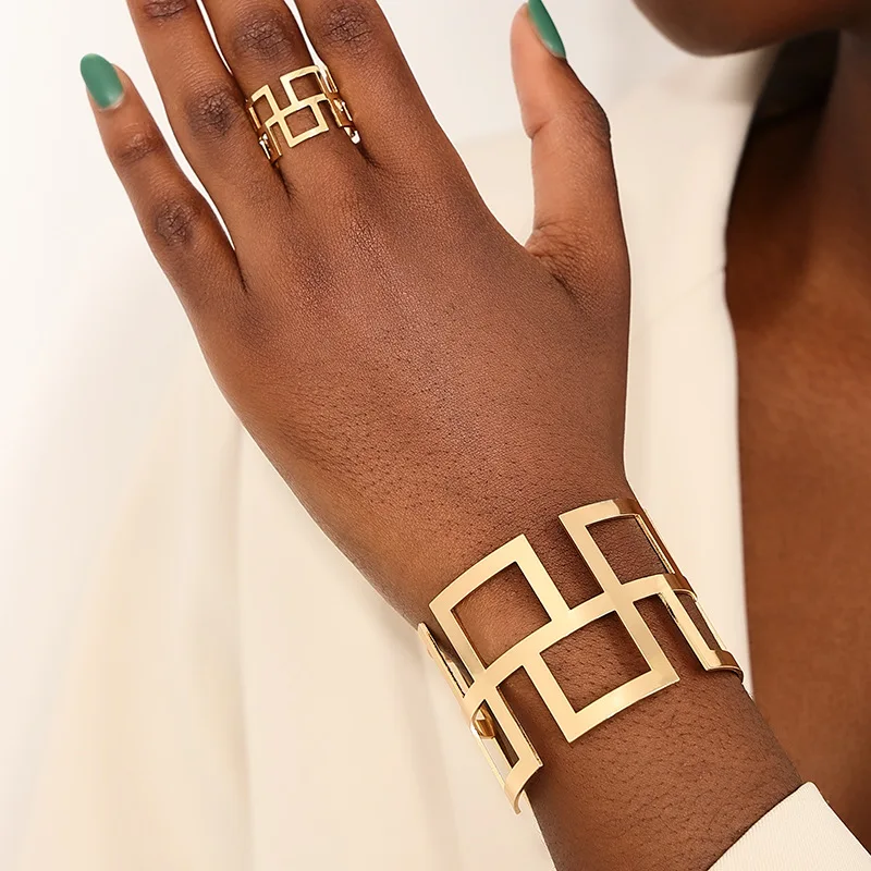 iStapromo Gifts New style metal gold color Large thick Geometric Square Open Cuff Armband bracelet ring set for women jewelry