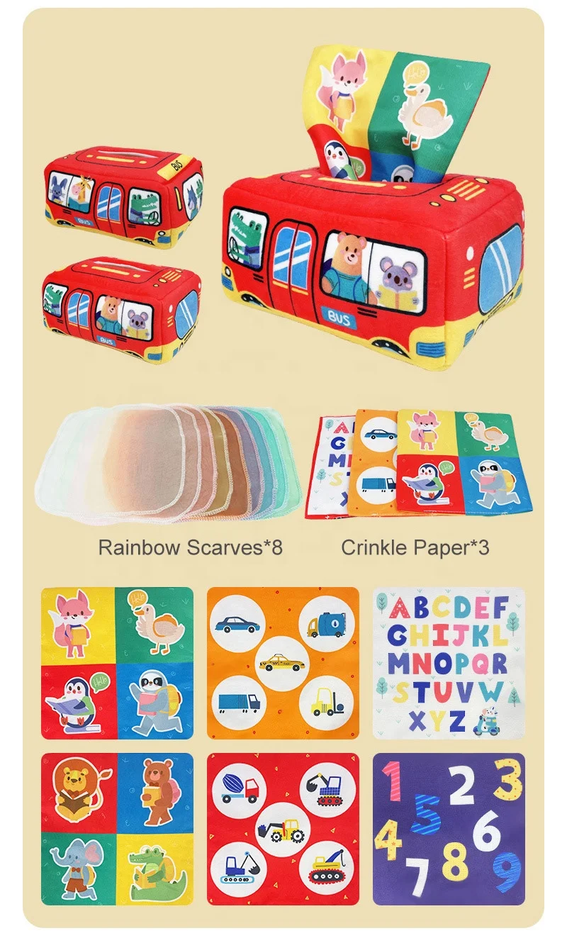 Magic Tissue Box Baby cartoon animal Toy, Infant Newborn Kids Toddlers Sensory Box Crinkle Paper Toys