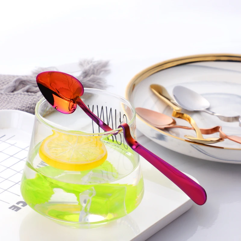 Hot Items  Rainbow Gold Titanium Metal Heart Shape Bent Coffee Spoon