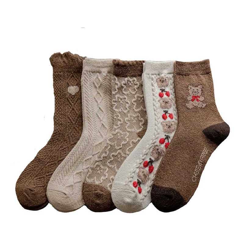 Korean Women Tube Socks Cartoon Bear Jacquard Ruffle Edge Wool Socks Thickening Thermal Socks