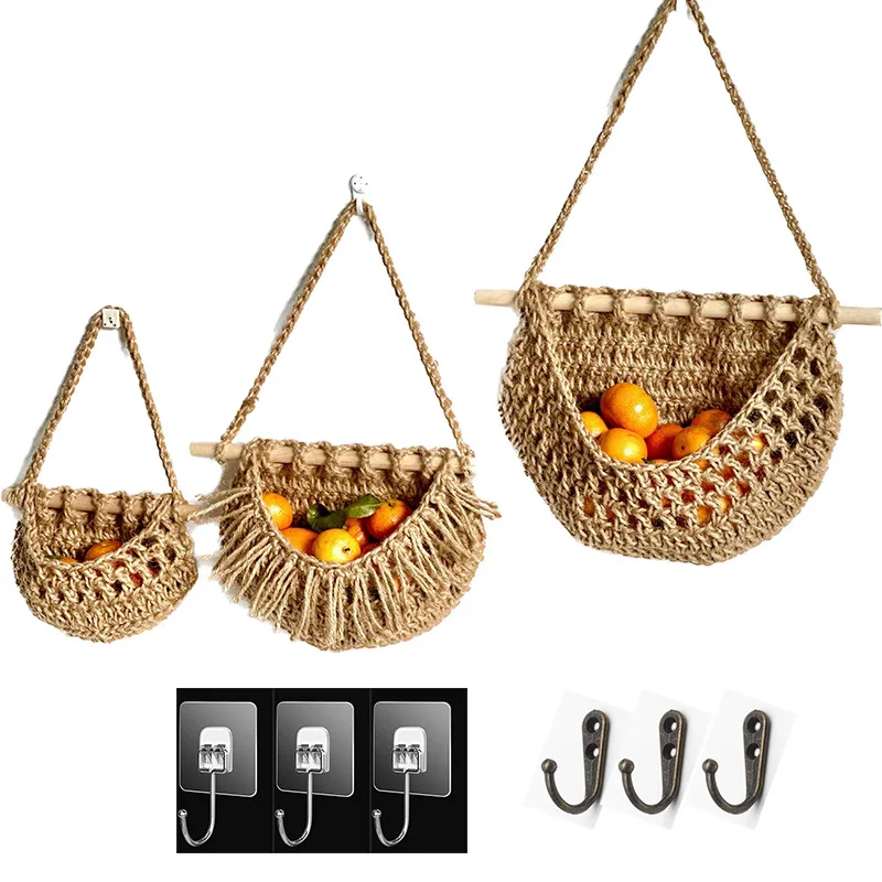 Bohemian Fruit Hanging Pocket Hand-Woven Cotton String Hemp Rope Kitchen Vegetable Wall-Mounted Storage Basket