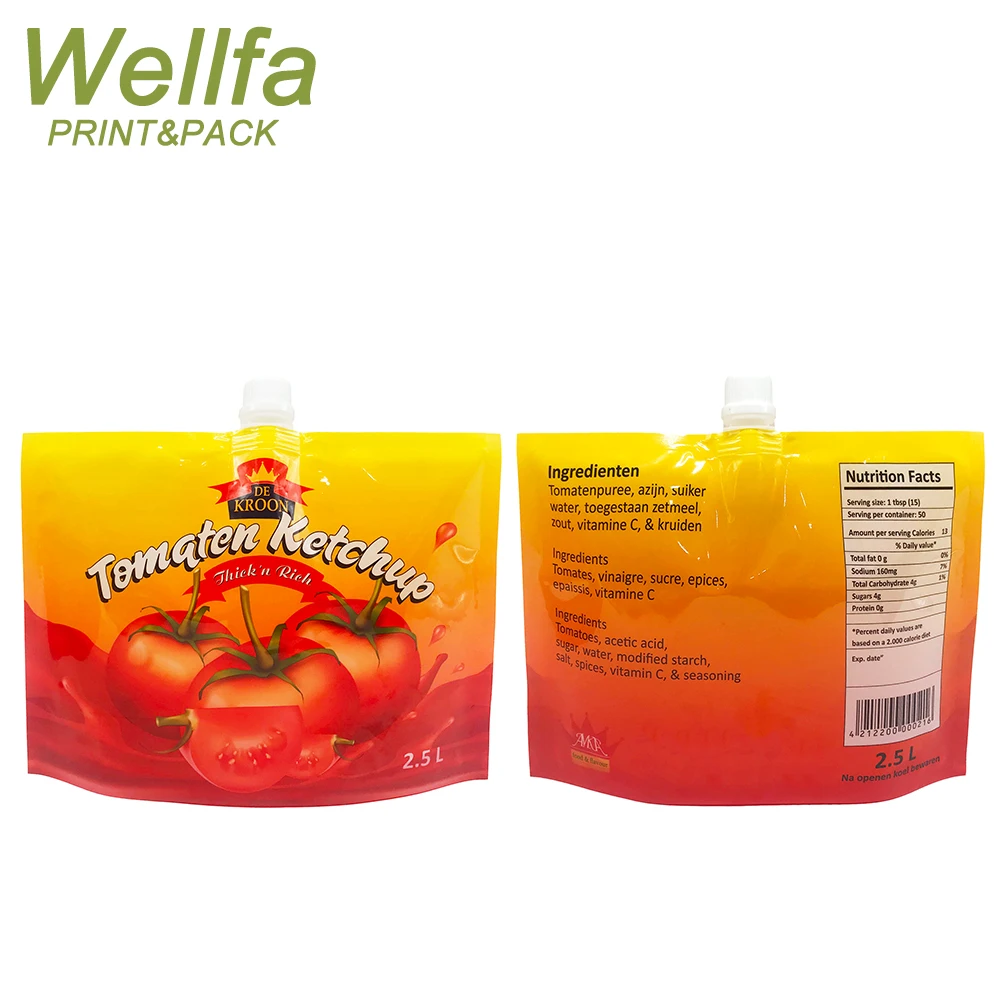 Custom Printed Stand Up Reusable 1L 2 Liter Red Chilli Tomato Paste Sauce Ketchup Package Doypack Nozzle Bag Packing Spout Pouch
