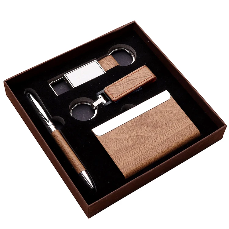 New Wooden Grain PU Leather Gift Set Key Chain USB Ballpoint Pen Name Card Holder Gift Packing Box EVA