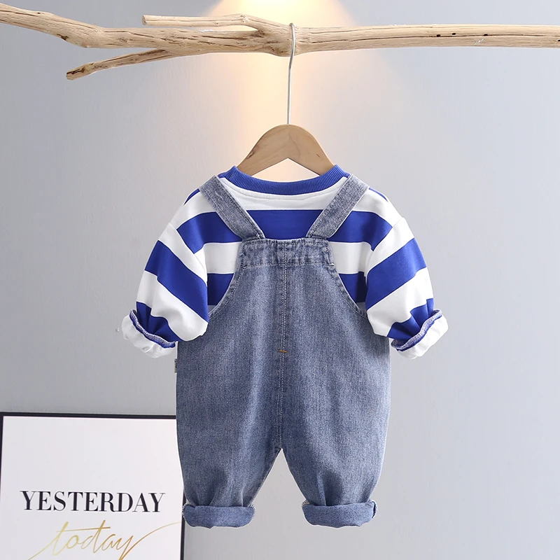Toddler Kid Boy Girl 2Pcs Clothes Cute T Shirt Long Sleeve Top Suspender Short Jeans Pants