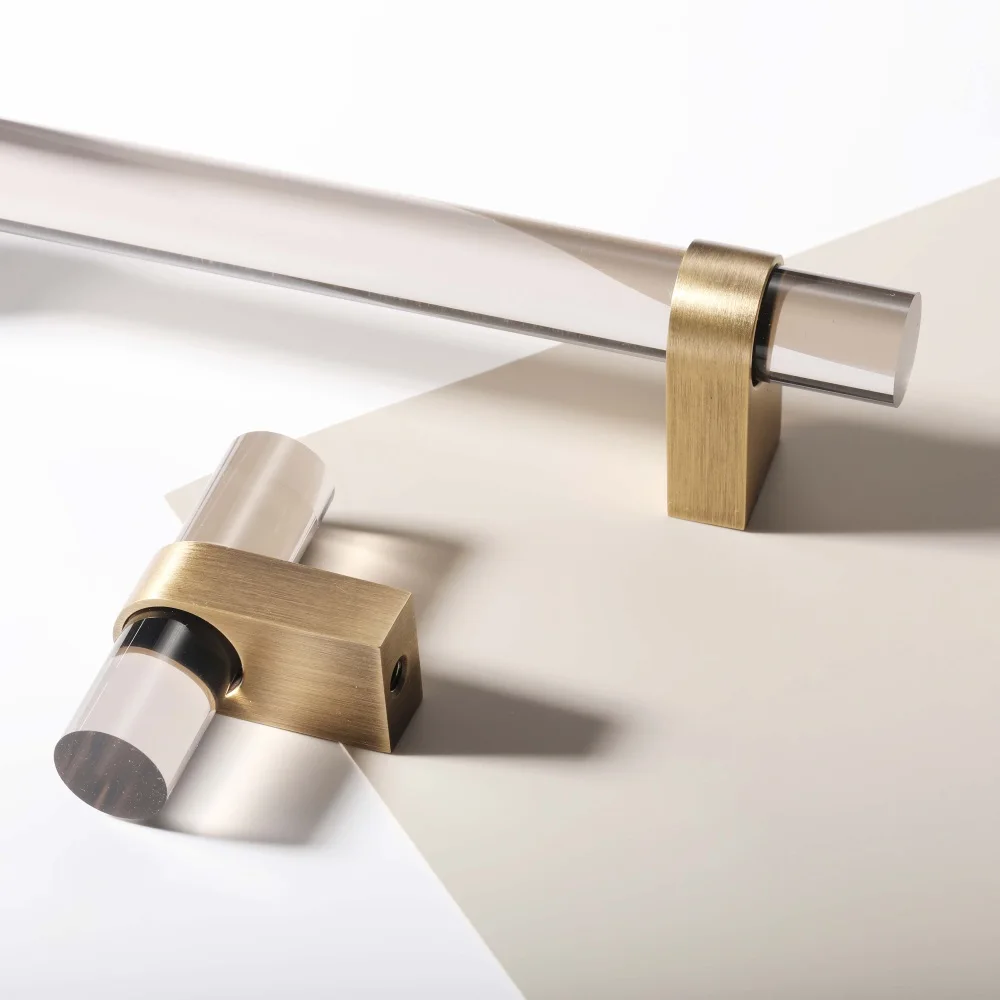 Maxery Popular Acrylic Pull Handle Cabinet Handle with Brass Foot Translucent Gray Color Handle for Home Hotel Decoration