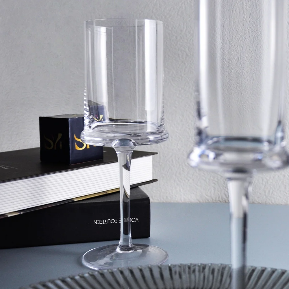 Hot selling creative straight edge design cylinder goblet wine champagne glass crystal drinkware cups set