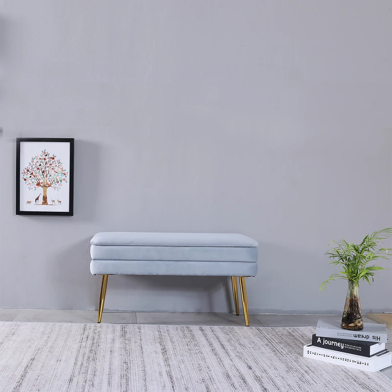 Free sample design stool blue velvet ottoman storage metal legs with electricplate gold color