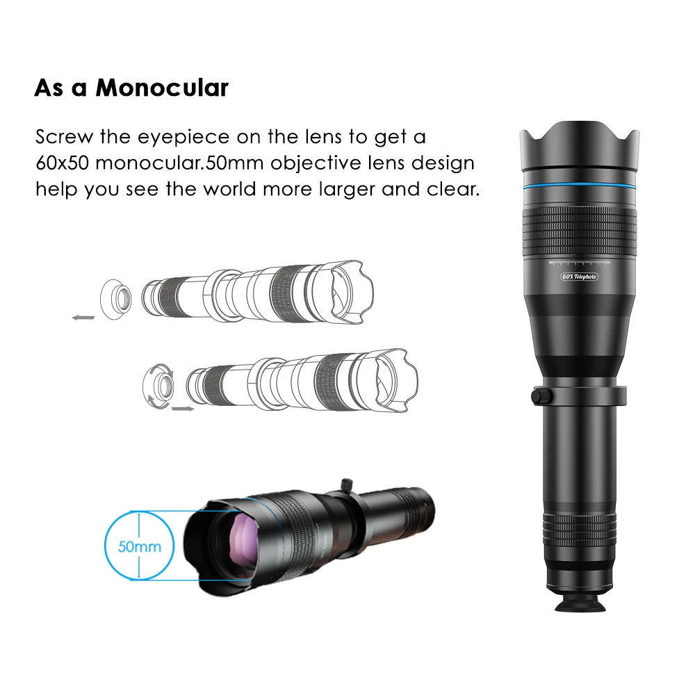 
APEXEL Hot selling 60X50 mobile phone monocular telescope lenses optical zoom 60x telephoto smartphone lens 