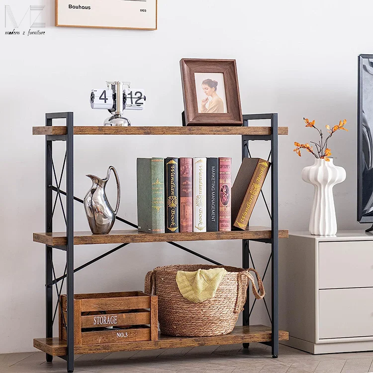 Living Room Book Shelves Bookcases Decoration Rustic Wood Black Metal Storage Corner Shelf For Home Office