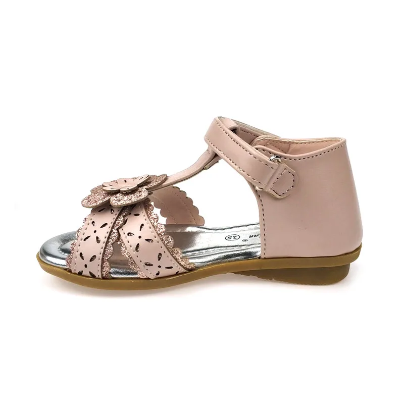 New Fashion children footwear laser engraving hollowed-out metal flower summer flat girl sandals