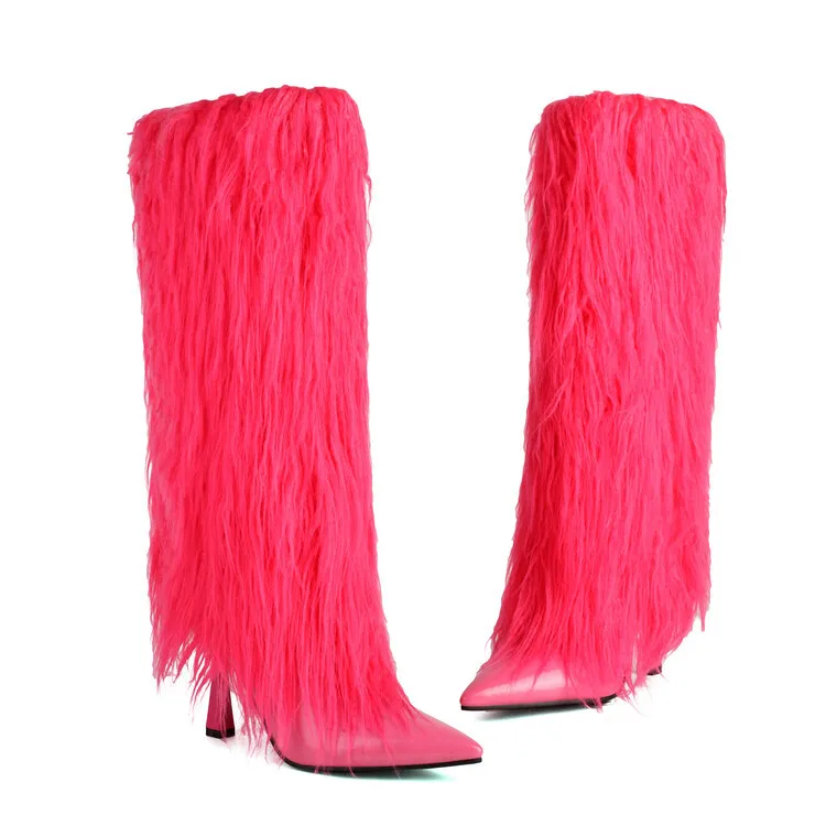 2024 hot selling Winter black plush Stiletto boot leather Pointed Toe Ladies thin High Heels tassel women furry knee high boots