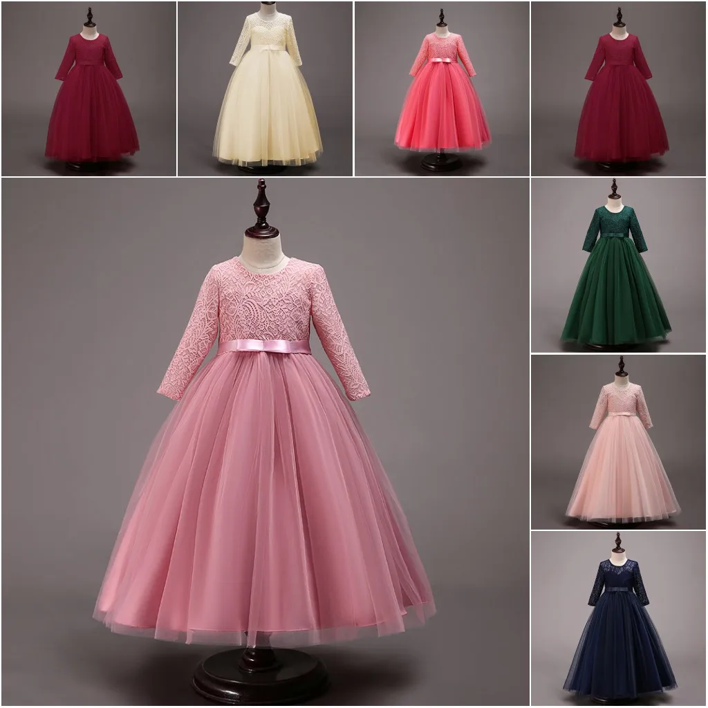 Wholesale Girls Long Lace Flower Birthday Party Elegan Long Sleeve Dresses Princess Wedding Children First Communion Dress