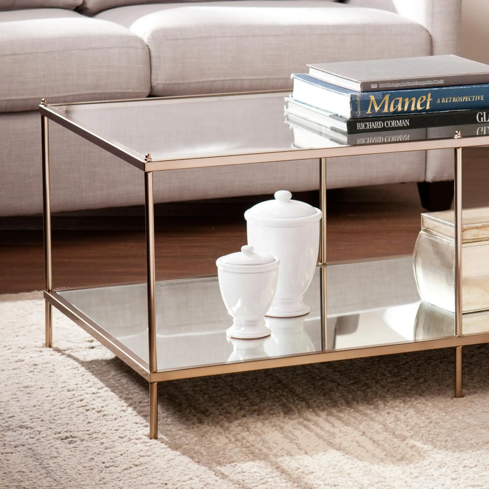Modern glass top gold stainless steel Living Room Furniture side table And Glass Aurora side Table With Shelf