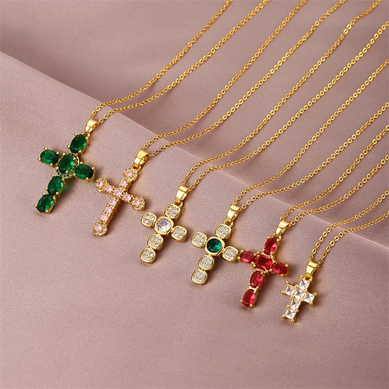 Fashion Jewelry Necklaces Stainless Steel Gold Filled Diamond Cross Choker Pendant Necklace for Women