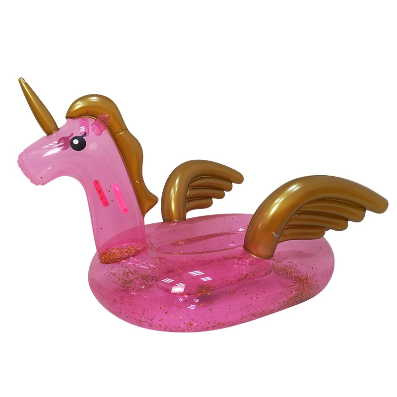 Inflatable island water pool floating unicorn shape with wings and glitter ride-on pink Pegasus pool float with handles