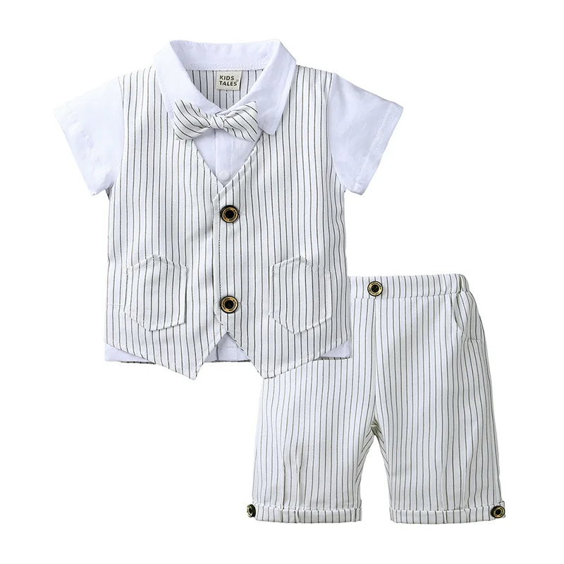 High Quality 100% Cotton British Boys Harness Unique Summer Casual Party Dress Suits with Short Sleeves Guaranteed