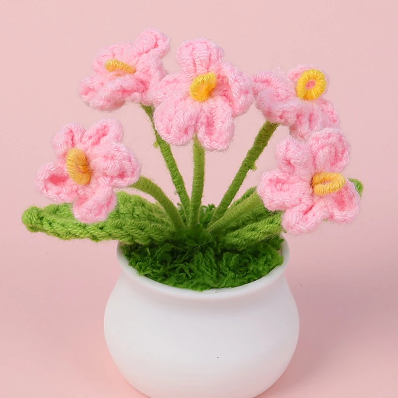 Handmade Mini Knitting Potted Flowers 5 Heads Forget-Me-Not Crochet Pot Flowers Home Living Room Table Decoration