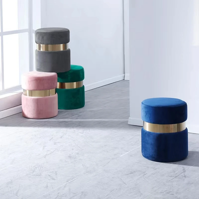 Wholesale Nordic Living Room Furniture Velvet Ottoman Stool Round Golden Metal Circle Pouf