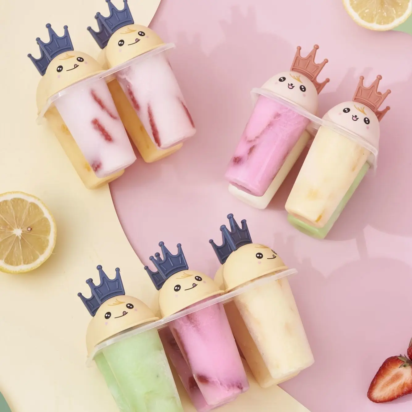 Plastic Strawbwer Circular Standing Pop Frozen Pack Filling Baby Cube Lolly Moulds Moulding Popsicle Tray Molds For Ice Cream