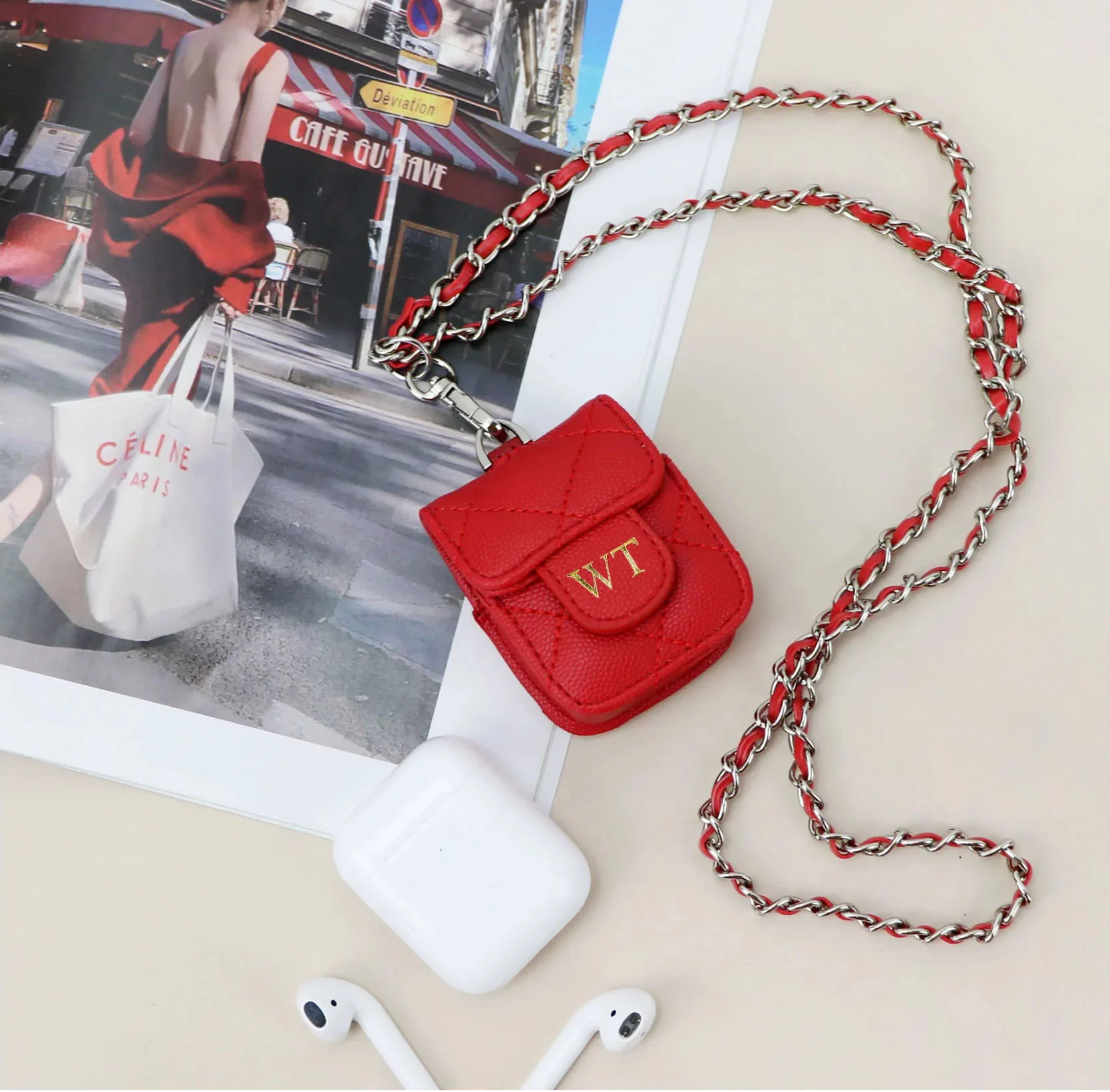 Portable earphone bag stitched PU leather mini lanyard bag case earphone sleeve for Airpods 1 2 pro